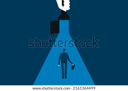 Uncovering door open by flashlight to success. A hand holding a flashlight uncovering hidden door. Business success vector illustration 