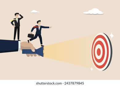 Uncovering Target. Find the target of success, success is in sight. A hand holding a flashlight uncovering hidden target. Business vector concept illustration.