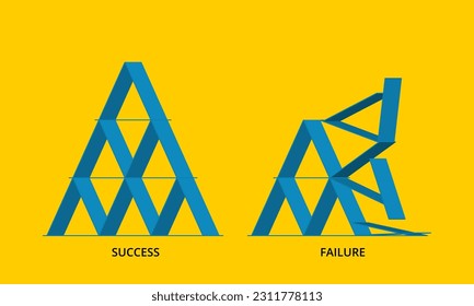 Undamaged and collapsed card castle. Concept of success and failure. Simple 3D vector illustration. Blue design element on yellow background.