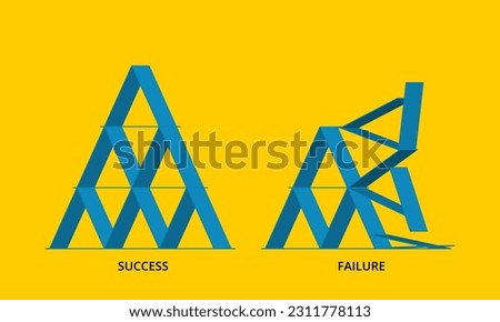 Undamaged and collapsed card castle. Concept of success and failure. Simple 3D vector illustration. Blue design element on yellow background.