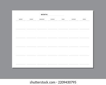 Undated monthly calendar. Monthly planner. Printable or used for mobile application.