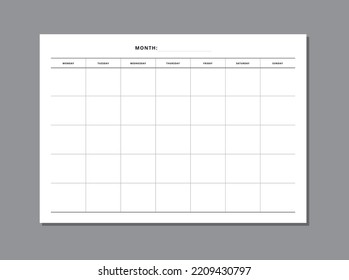 Undated monthly calendar. Monthly planner. Printable or used for mobile application.