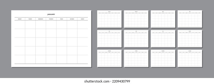 Calendario mensual sin fecha. Planificador mensual. Imprimible o utilizado para aplicaciones móviles.