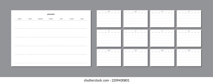 Calendario mensual sin fecha. Planificador mensual. Imprimible o utilizado para aplicaciones móviles.