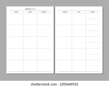 Undated monthly planner inserts. Minimalist blank planner page. Month on 2 pages. Personal organizer printable sheet layout for your A5 planner, calendar, diary. Vector.