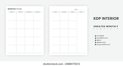 Undated Monthly Planner Template, Month on Two Pages Printable, Month At a Glance Blank Calendar