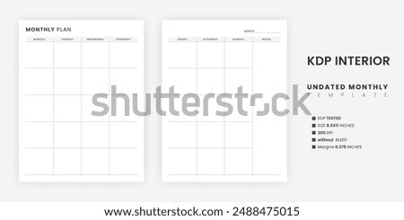 Undated Monthly Planner Template, Month on Two Pages Printable, Month At a Glance Blank Calendar