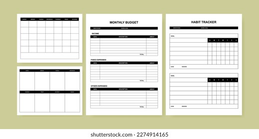 Plantillas de planificador sin fecha. Plan Mensual, Planificador Semanal, Presupuesto Mensual, Rastreador de Hábito. Ilustración del vector