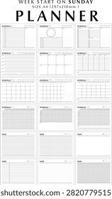 Undated Planner Template Set, Daily Weekly Monthly Yearly Schedule, Sunday Start Week, Minimalist A4