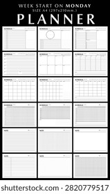 Undated Planner Template Set, Daily Weekly Monthly Yearly Schedule, Monday Start Week, Minimalist A4