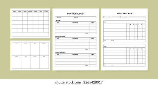 Undated planner templates. Monthly Plan, Weekly Planner, Monthly Budget, Habit Tracker. Vector illustration