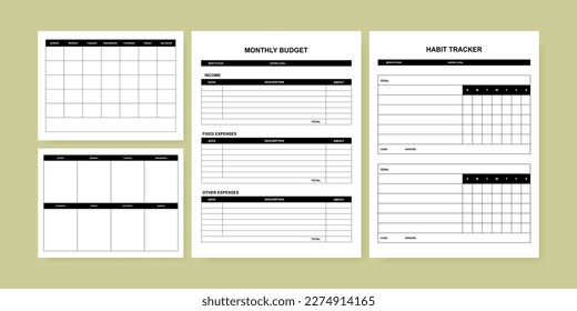 Undated planner templates. Monthly Plan, Weekly Planner, Monthly Budget, Habit Tracker. Vector illustration