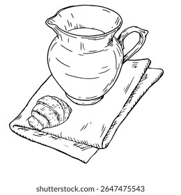 undCeramic jug for water or milk and folded towel, sketch in black and white ink. Vector illustration. Milk in bowl and bun, rustic breakfast, isolated on white background. Topic: cuisine, cookiefined