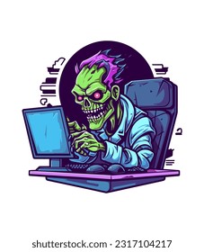 Untoter Gamer hat in der virtuellen Realität verloren. Einzigartiges Logo-Design mit Zombie und PC-Monitor