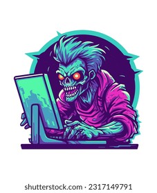 Untoter Gamer hat in der virtuellen Realität verloren. Einzigartiges Logo-Design mit Zombie und PC-Monitor