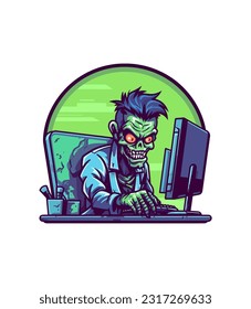 Untoter Gamer hat in der virtuellen Realität verloren. Einzigartiges Logo-Design mit Zombie und PC-Monitor