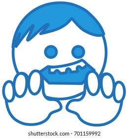 undead ghoul or zombie horror emoticon with rotten teeth seeking for your brains, simplistic facial expression vector illustration, circle or ball shaped cartoon character, hand drawn linear icon