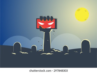 Undead hand rise with smartphone in hand - awaken with the smartphone