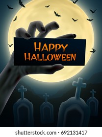 Undead hand with sign 'Happy Halloween' on full moon and cemetery background. Vector illustration.