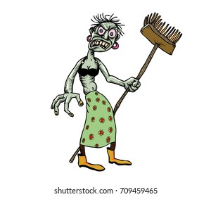 Undead monster lady cleaning hand drawn image. Original colorful artwork, comic childish style drawing.
