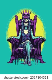 Undead ruler on a throne This hand-drawn illustration showcases a zombie girl seated on a sinister throne, exuding power and darkness