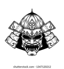 Undead Samurai Warrior Head, Hand Drawn Illustration, Isolated Vector