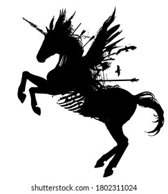 Undead unicorn with short black wings, pierced with arrows and spears. He stands on its hind legs in profile. 2D illustration.