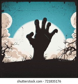 Undead Zombie Hand On Halloween Background/
Illustration of a cartoon spooky zombie hand, inside night landscape background, for halloween holidays