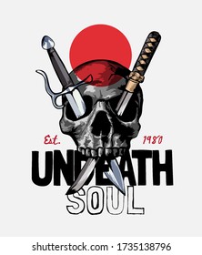 undeath soul slogan with crossed sword on skull background illustration