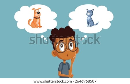 
Undecided Child Thinking to Adopt a Pet Vector Character Illustration. Little boy deciding which animal to take home 