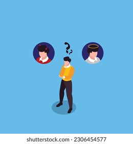 Undecided man with good or bad choices to take isometric 3d vector illustration concept for banner, website, illustration, landing page, flyer, etc.