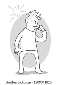 Undecided man holds his finger at his mouth, has doubts, has no idea. Cartoon vector illustration