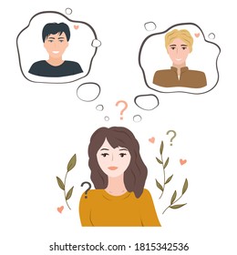 Undecided teenage girl doubting between two loves. Young woman thinking about two handsome guys and trying to decide which one she likes. Cartoon vector illustration