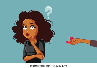 
Undecided Woman Thinking about Marriage Proposal Vector Cartoon. Indecisive girlfriend afraid of commitment not rushing to get married
