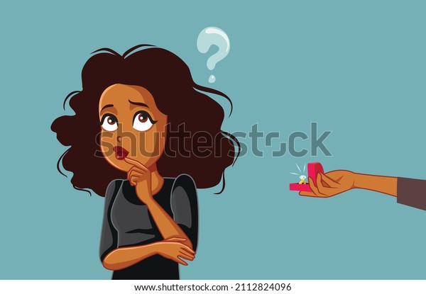 \
Undecided Woman Thinking about Marriage\
Proposal Vector Cartoon. Indecisive girlfriend afraid of commitment\
not rushing to get\
married\
