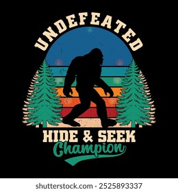 Undefeated hide and seek champion - bigfoot retro vintage t shirt design for adventure lovers