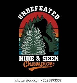 Undefeated hide and seek champion - bigfoot retro vintage t shirt design for adventure lovers