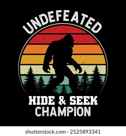 Undefeated hide and seek champion - bigfoot retro vintage t shirt design for adventure lovers