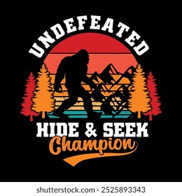 Undefeated hide and seek champion - bigfoot retro vintage t shirt design for adventure lovers