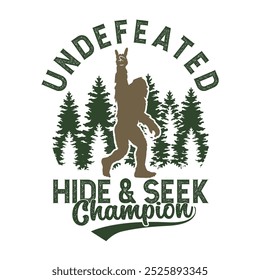 Undefeated hide and seek champion - bigfoot retro vintage t shirt design for adventure lovers