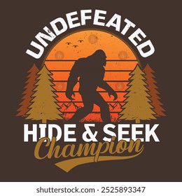 Undefeated hide and seek champion - bigfoot retro vintage t shirt design for adventure lovers