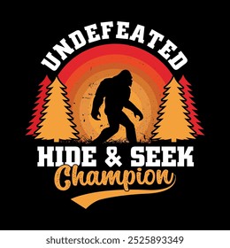 Undefeated hide and seek champion - bigfoot retro vintage t shirt design for adventure lovers