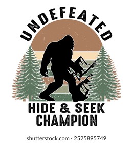 Undefeated hide and seek champion - bigfoot retro vintage t shirt design for adventure lovers