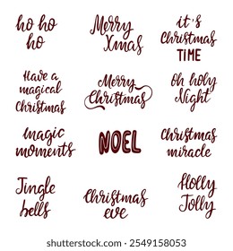 indefinido 12 de letras Feliz Natal . Letras desenhadas à mão. Noel, milagre de Natal, noite sagrada, sinos de jingle, xmas alegres. Ilustração vetorial