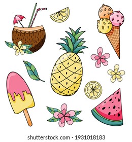 undefined Summer holiday set with pineapple, slice watermelon, ice cream, lemon and popsicle hand drawn vector illustration isolated on white backgraund