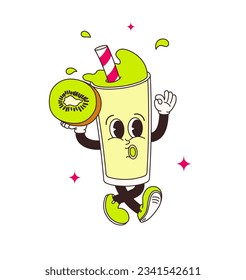 undefinedKiwi of smoothie or juice glass character in comic cartoon style on transparent background. Hand drawing of funny mascot of kiwi fruit cocktail in retro style. Isolated vector illustration
