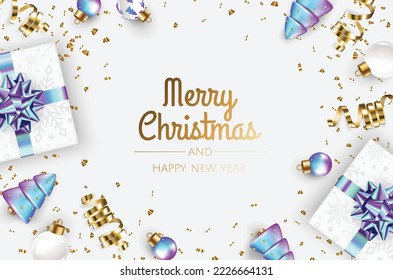 undefinedMerry Christmas and Happy New Year poster or banner with white gift box, christmas ball and gold christmas element