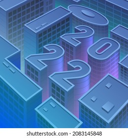 undefinedNew Year's landscape of city skyscrapers. Vector illustration of an urban landscape where buildings have the shape of numbers 2022 with multicolored illumination in blue tones.