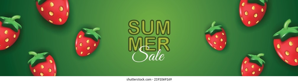 undefinedSummer background with strawberry. Banner, shop promotion, sale design. Realistic 3d vector