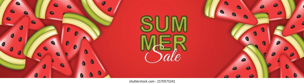 undefinedSummer sale poster with 3d slices of watermelon on red background. Summer watermelon background.